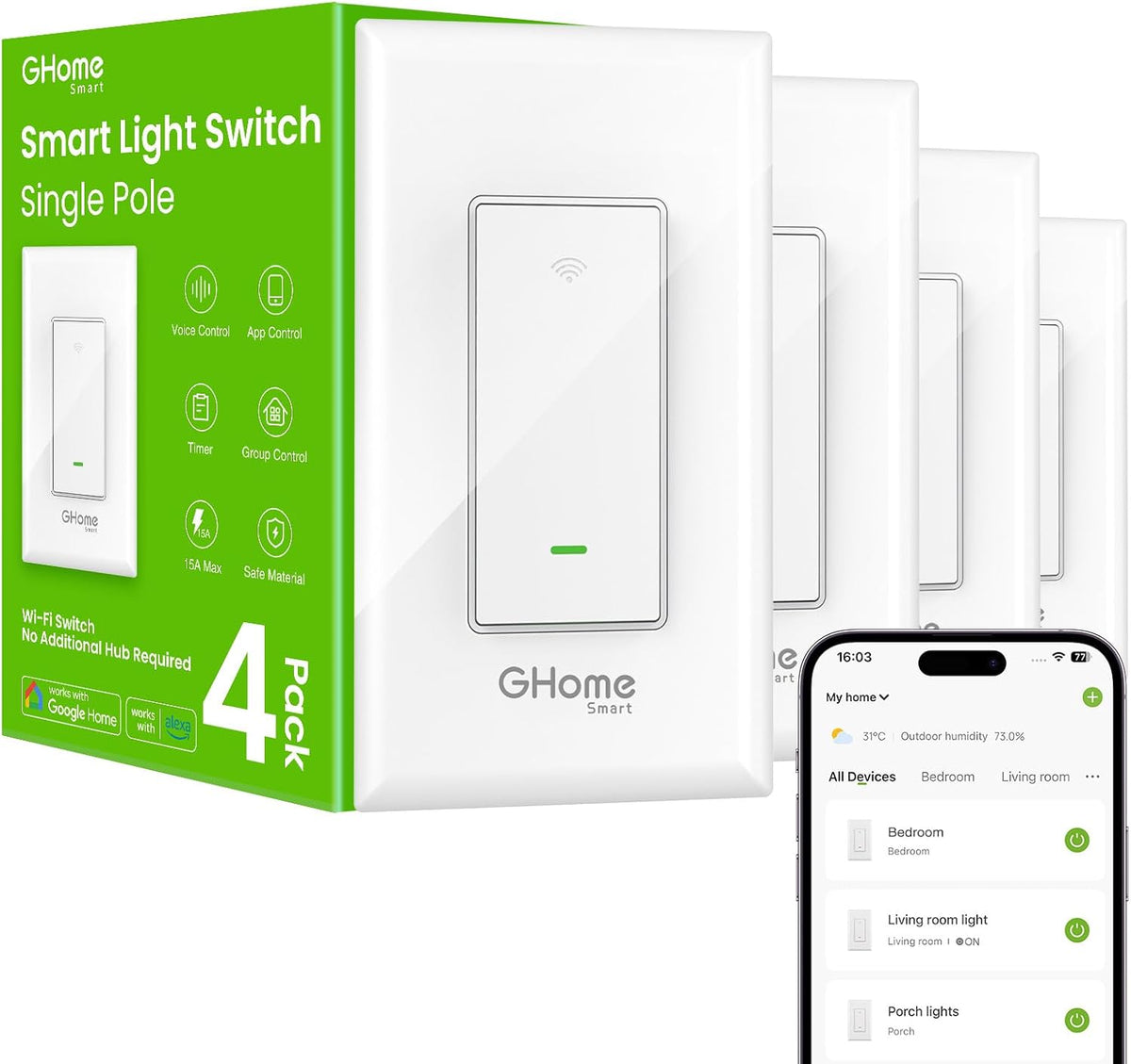 GHome Smart Switches for Lights, WiFi Smart Light Switch Works (4 Pack)