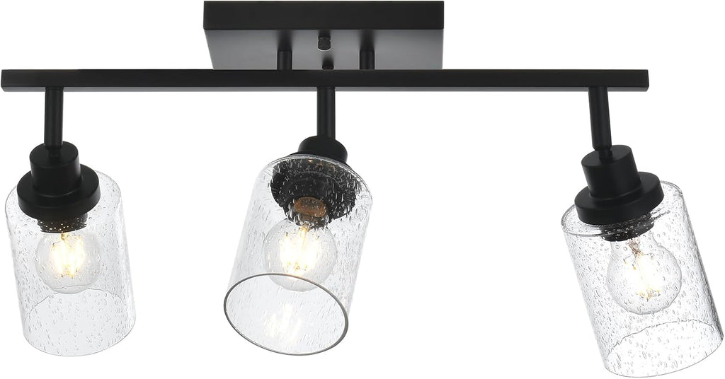 3-Light Black Track Lighting Kit Ceiling Mount Kitchen Track Lighting Fixtures, Bathroom Ceiling Tracking Vanity Light with Bubble Seeded Glass Shade & Rotatable Tracking Heads for Accent Shop