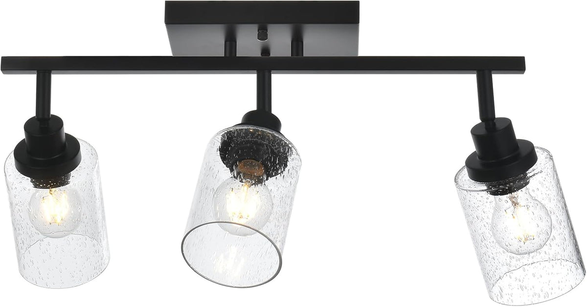 3-Light Black Track Lighting Kit Ceiling Mount Kitchen Track Lighting Fixtures, Bathroom Ceiling Tracking Vanity Light with Bubble Seeded Glass Shade & Rotatable Tracking Heads for Accent Shop