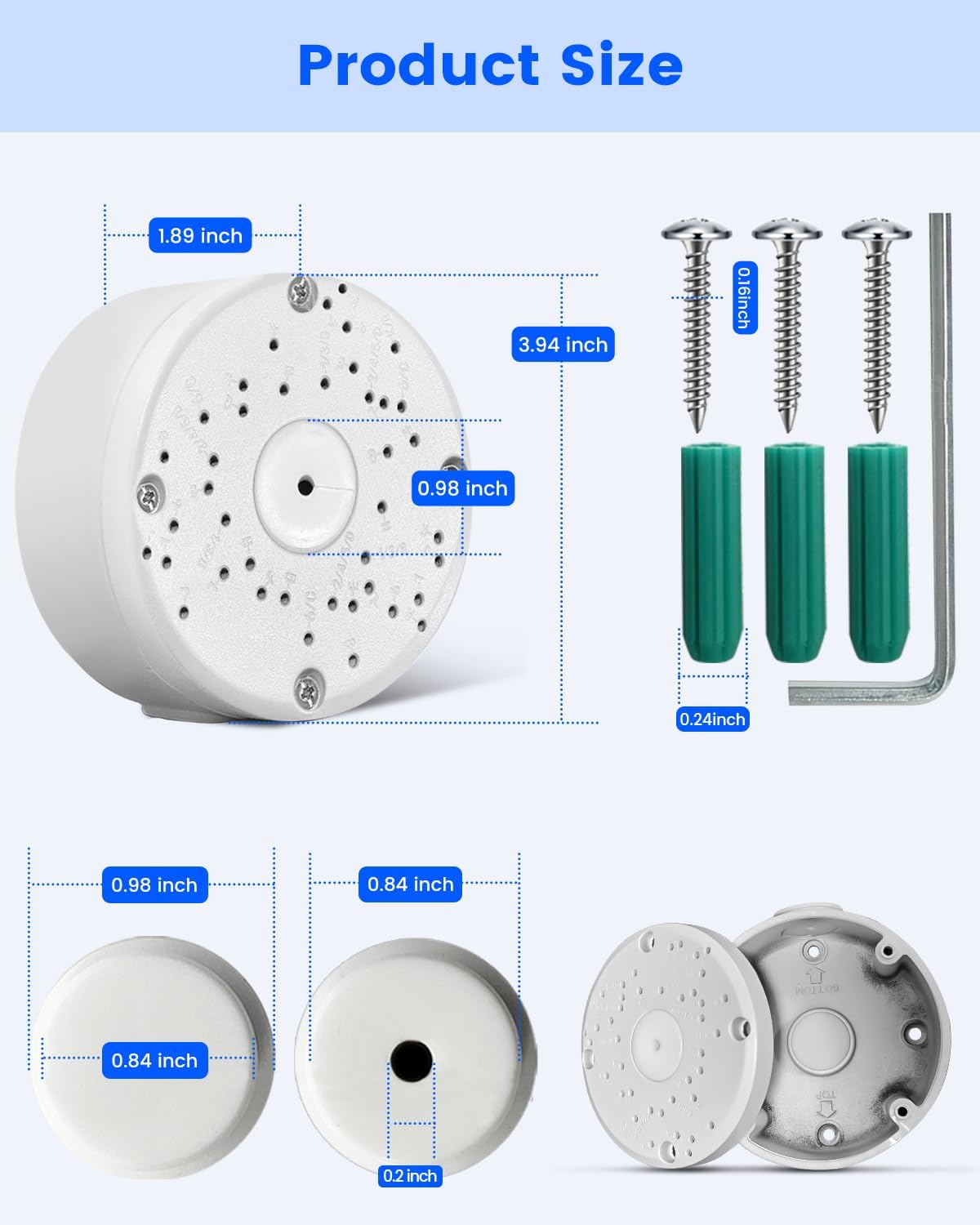 universal security camera junction box, metal hide cable showing dimensions