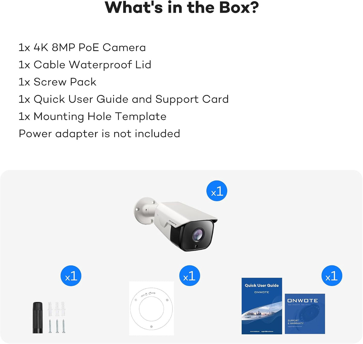 onwote 4k 8mp poe ip security cctv camera, package contents