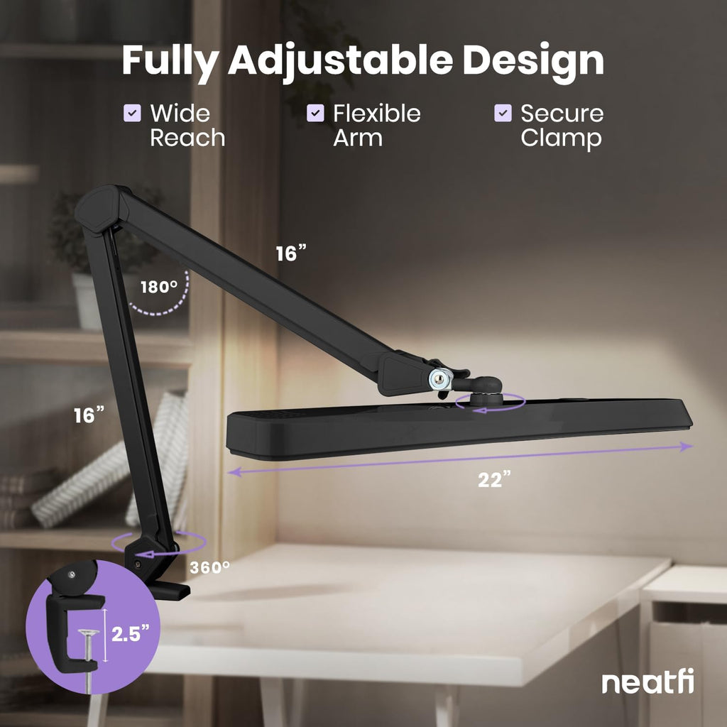 Neatfi 2500LM LED Task Lamp w/Clamp, 22-Inch Wide Head, Non-CCT (Black)