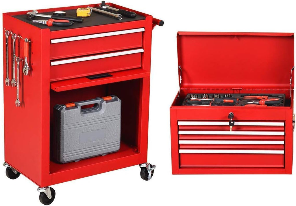 goplus 2pcs rolling tool chest, 6-drawer toolbox set showing dimensions