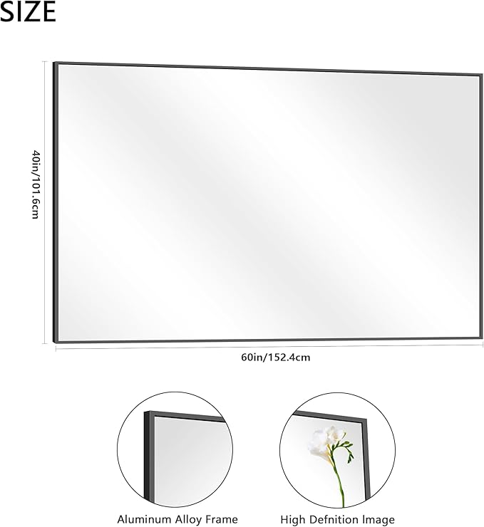 40x60inch Black Bathroom Mirror, Large Rectangular Wall Mirrors