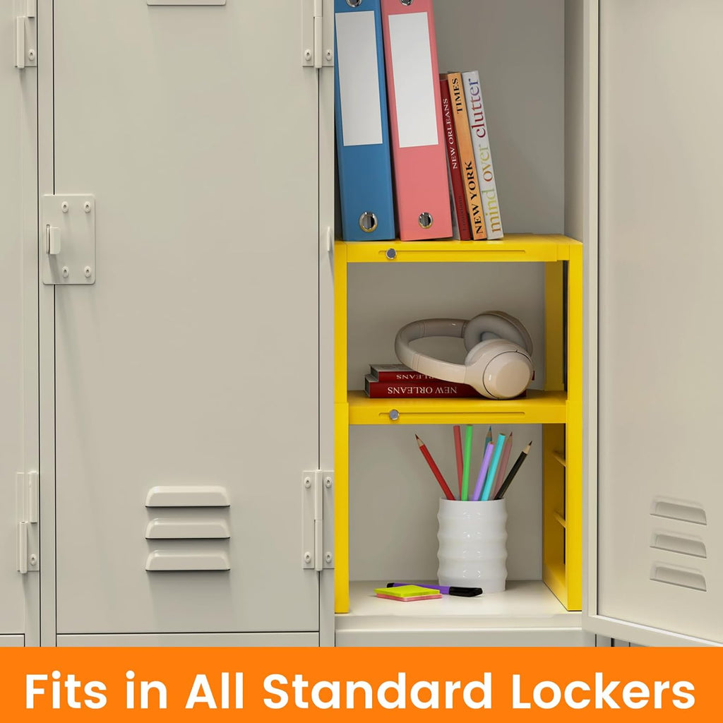 lidtop locker organizer shelf yellow, metal adjustable width, side view
