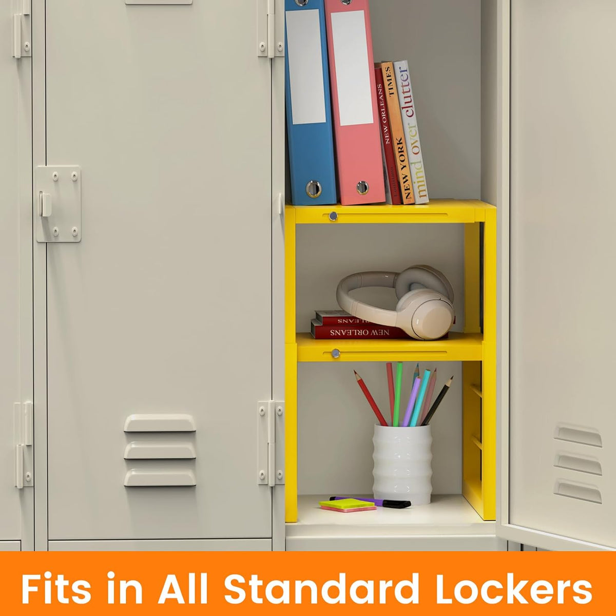 lidtop locker organizer shelf yellow, metal adjustable width, side view