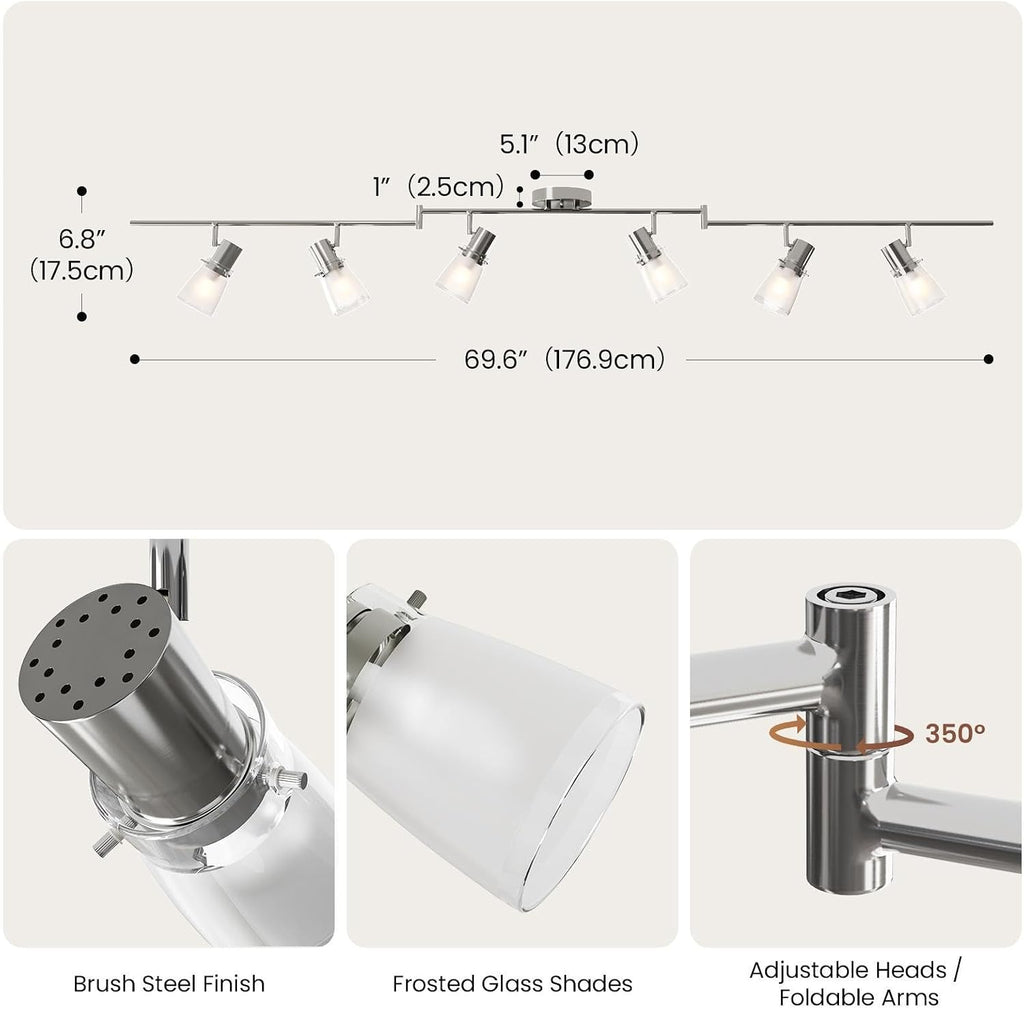 6-Light Decorative Track Lighting Kit, Brushed Steel Finish Flush Mount Ceiling Light Fixture with Frosted Glass Shades, Foldable Z-Bar, E26 Adjustable Heads Provide Directional Light