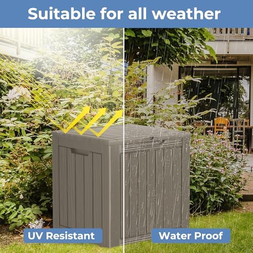 Outdoor Storage Box Waterproof, 35 Gallon Lockable Resin Deck Box Small, Patio Storage Bin for Pool Accessories Cushion Furniture, Garden Tools, UV-Resistant Outside Delivery Grey
