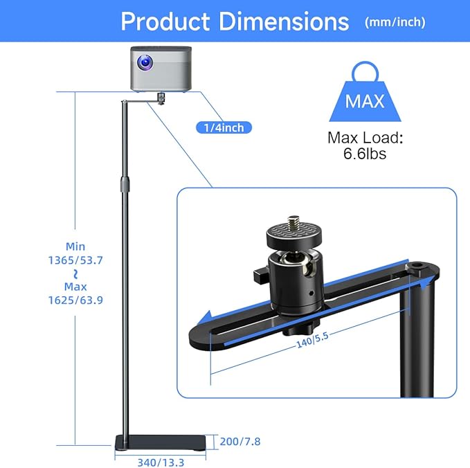 suptek 63.9” Extendable Projector Stand Against Wall Hidden Stand, 360°Swivel