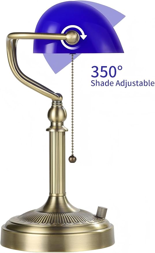Newrays Blue Glass Bankers Desk Lamp, Stepless Dimmable Table Lamp Plug in