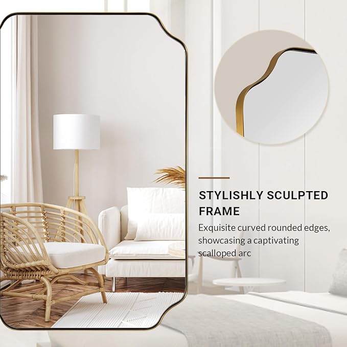 ANDY STAR 24"x40" Gold Mirror, Brushed Brass Scalloped Wall Mirror, Unique