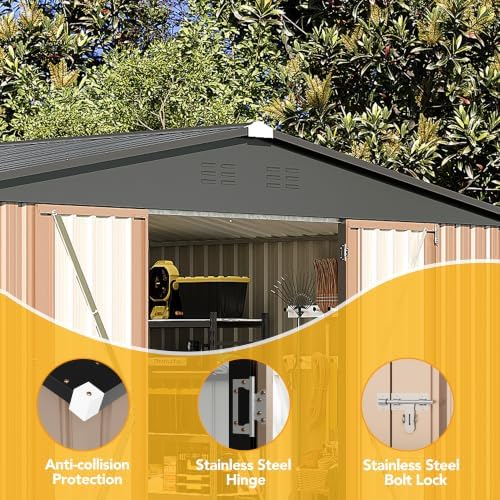 14x12FT Outdoor Storage Shed, Tool Shed with Sloping Roof and Lockable Door, Galvanized Metal Shed for Backyard Garden Patio Lawn, Brown