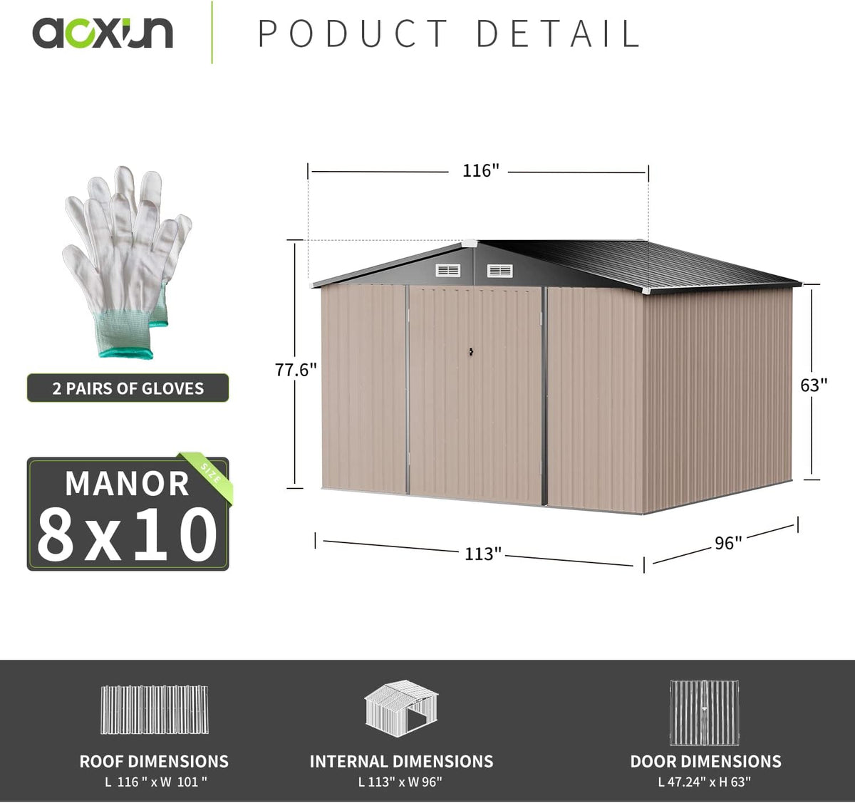 aoxun 8x10 ft shed outdoor storage shed with, close-up detail