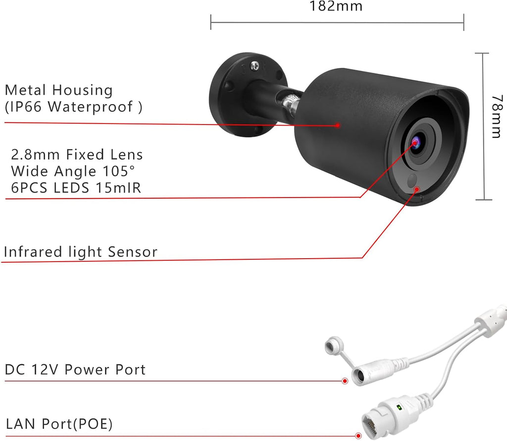 5mp poe ip bullet security camera with 2.8mm, close-up detail