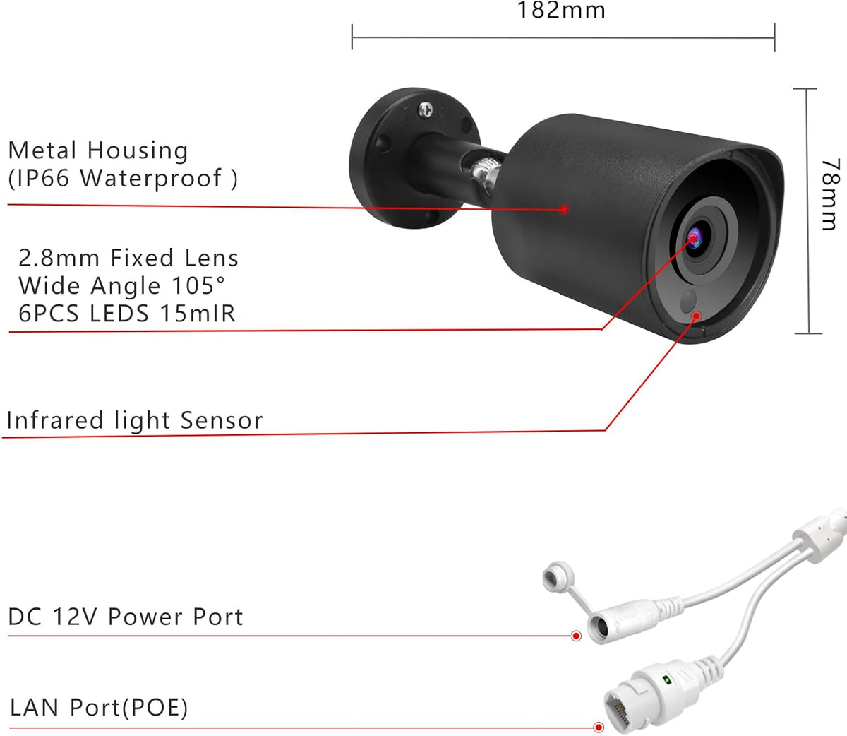 5mp poe ip bullet security camera with 2.8mm, close-up detail