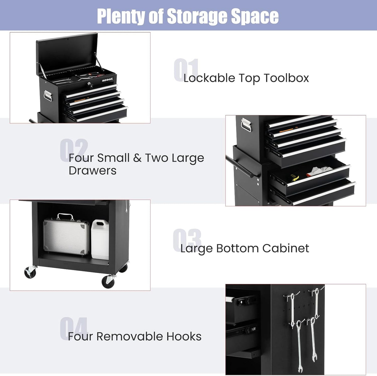 ironmax 6 drawers rolling tool chest, 2 in showing dimensions