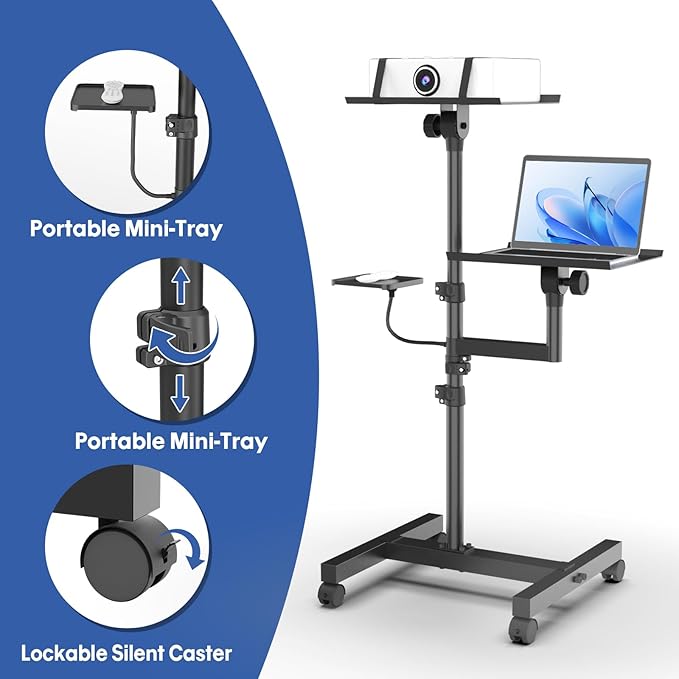 GSOW 2 Shelves Mobile Projector Stand, Rolling Laptop Stand Adjustable Height