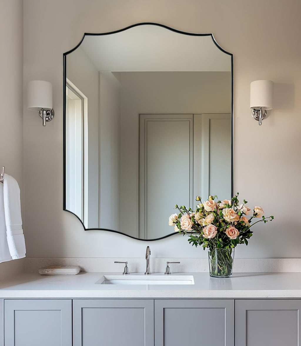 ANDY STAR Brushed Nickel Bathroom Mirror, 28x36 Inch Asymmetrical Wall Mirror