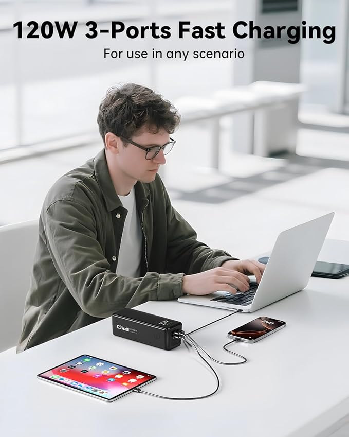 WOXABHSL 27000mAh 120W Fast Charging Power Bank, High Capacity 3-Port Laptop