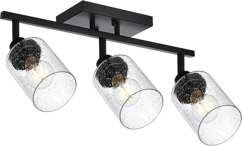 3-Light Black Track Lighting Kit Ceiling Mount Kitchen Track Lighting Fixtures, Bathroom Ceiling Tracking Vanity Light with Bubble Seeded Glass Shade & Rotatable Tracking Heads for Accent Shop