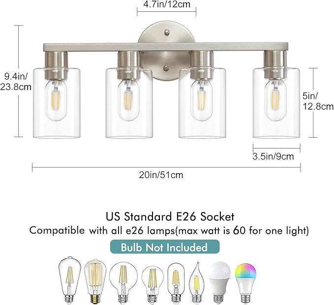 4 Light Bathroom Vanity Light, Brushed Nickel 4-Light Bathroom Light Fixtures