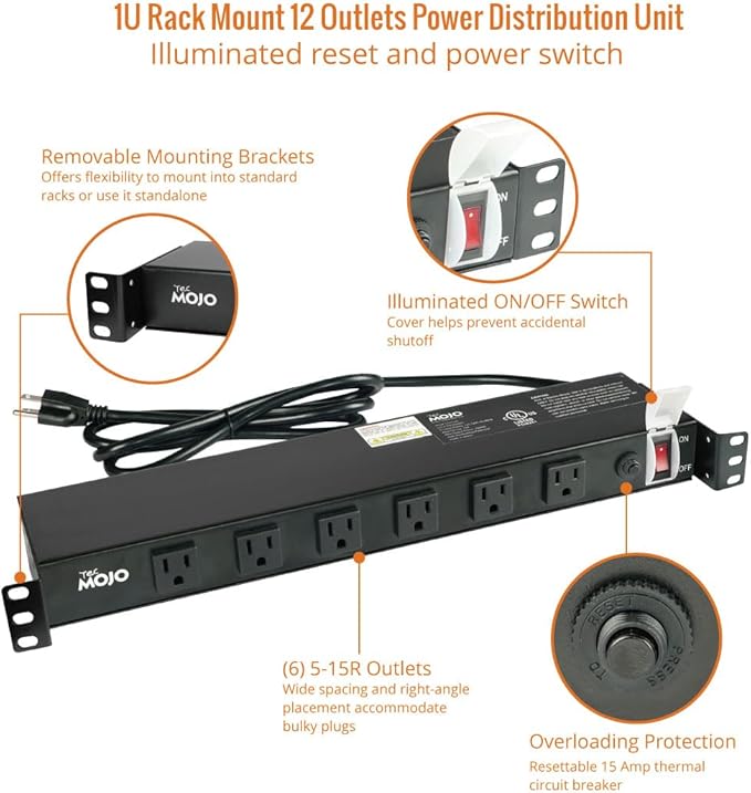 Tecmojo 1U Rackmount Network-Grade PDU Power Strip, 12 Wide-Spaced Right Angle