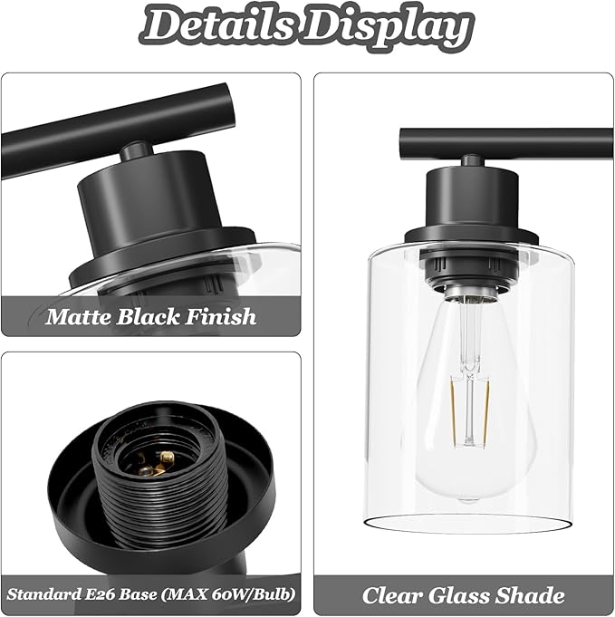 Guliaofo 4-Light Black Bathroom Light Fixtures, E26 Modern Vanity Lights