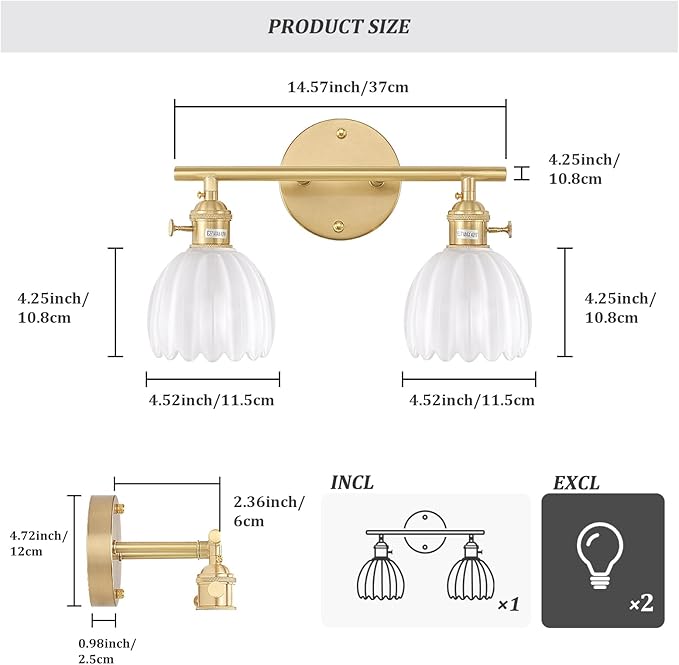 Shenmoyl Bathroom Light Fixtures, 2-Light Brass Vanity Wall Light Over Mirror