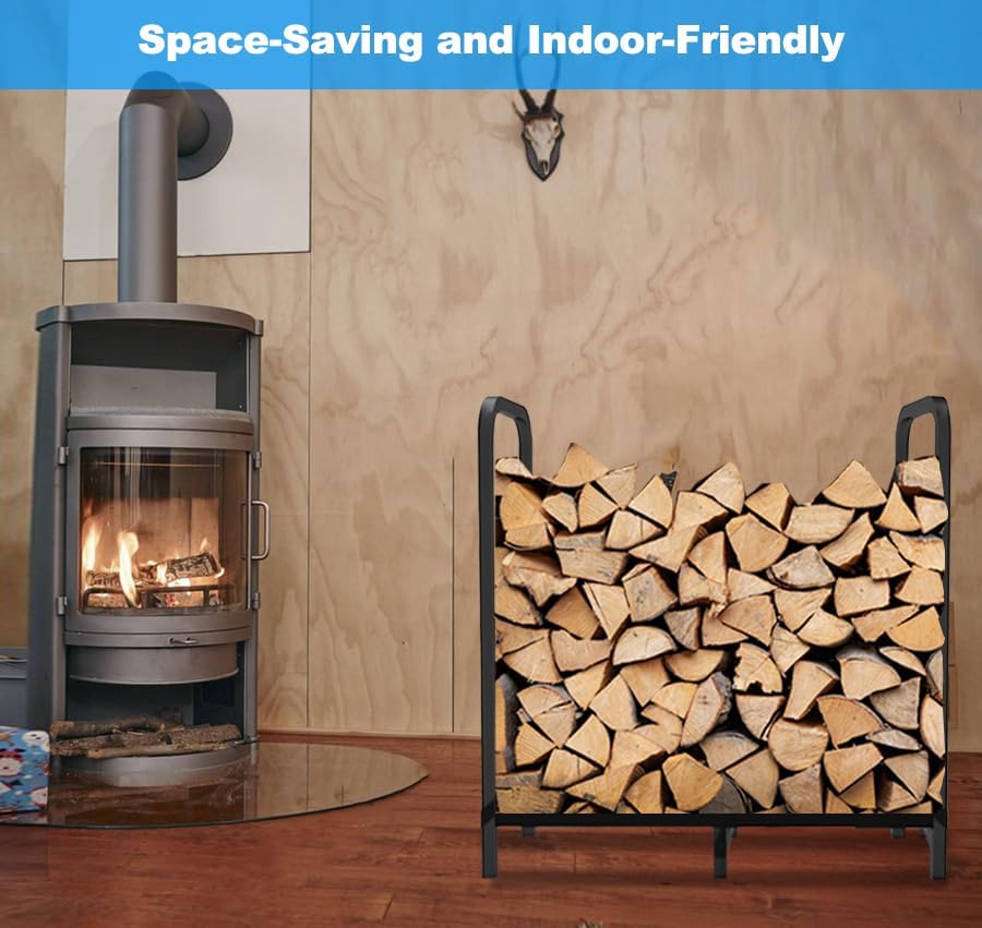 2.8ft Firewood Rack Holder, Adjustable Heavy Duty Fire Log Stacker Stand for Fireplace, Outdoor Indoor Metal Wood Pile Storage Organizer, Patio Logs Stand tool, Black