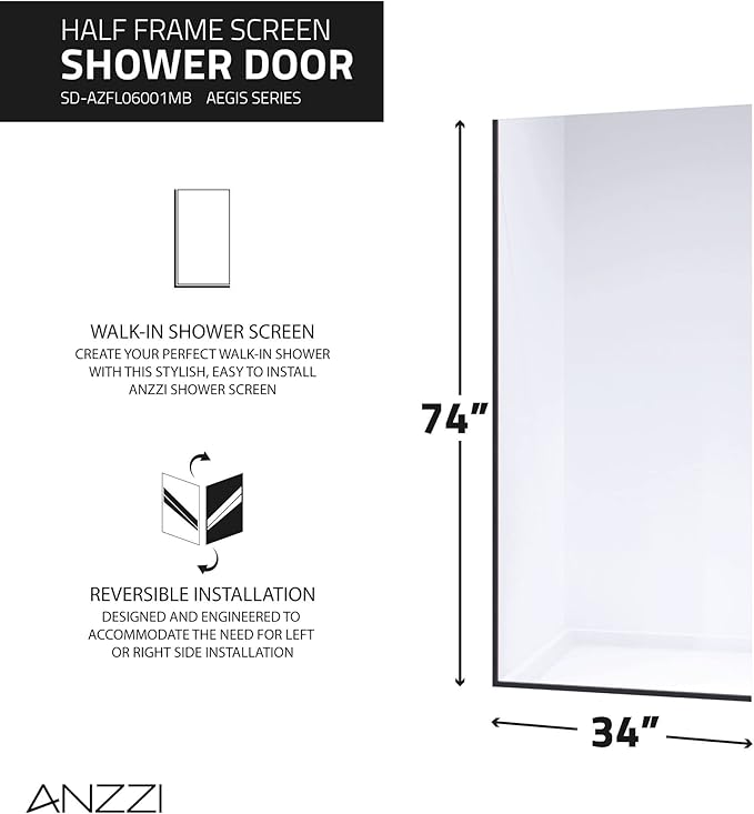 ANZZI 74 X 34 Inch Frameless Fixed Glass Shower Screen Shower Door in Matte