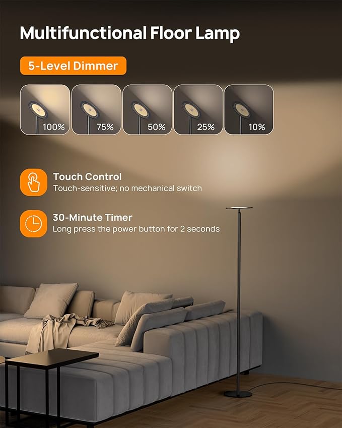 TROND Floor Lamp, 5000LM Super Bright Sky LED Modern Torchiere Standing Lamp