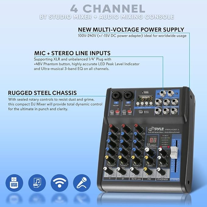 Pyle Professional Audio Mixer Sound Board Console System- Interface 4 Channel