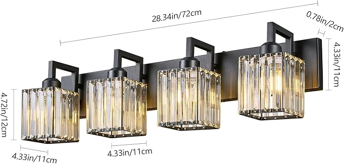 FDPBY Black Bathroom Light Fixture, 4-Light Crystal Vanity Lighting, Bathroom