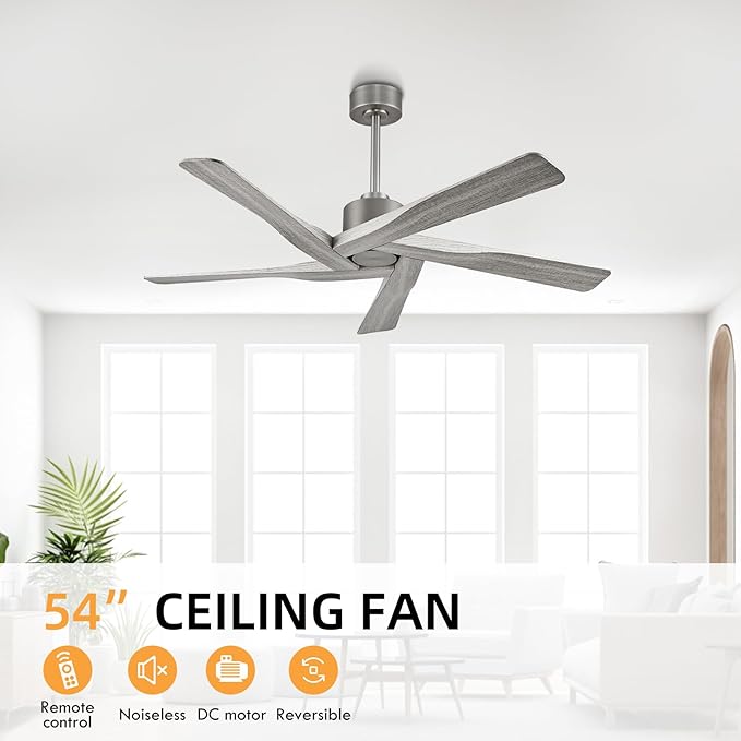 WINGBO 54" ABS DC Ceiling Fan No Light, 5 Blade Wood Grain ABS Ceiling Fan
