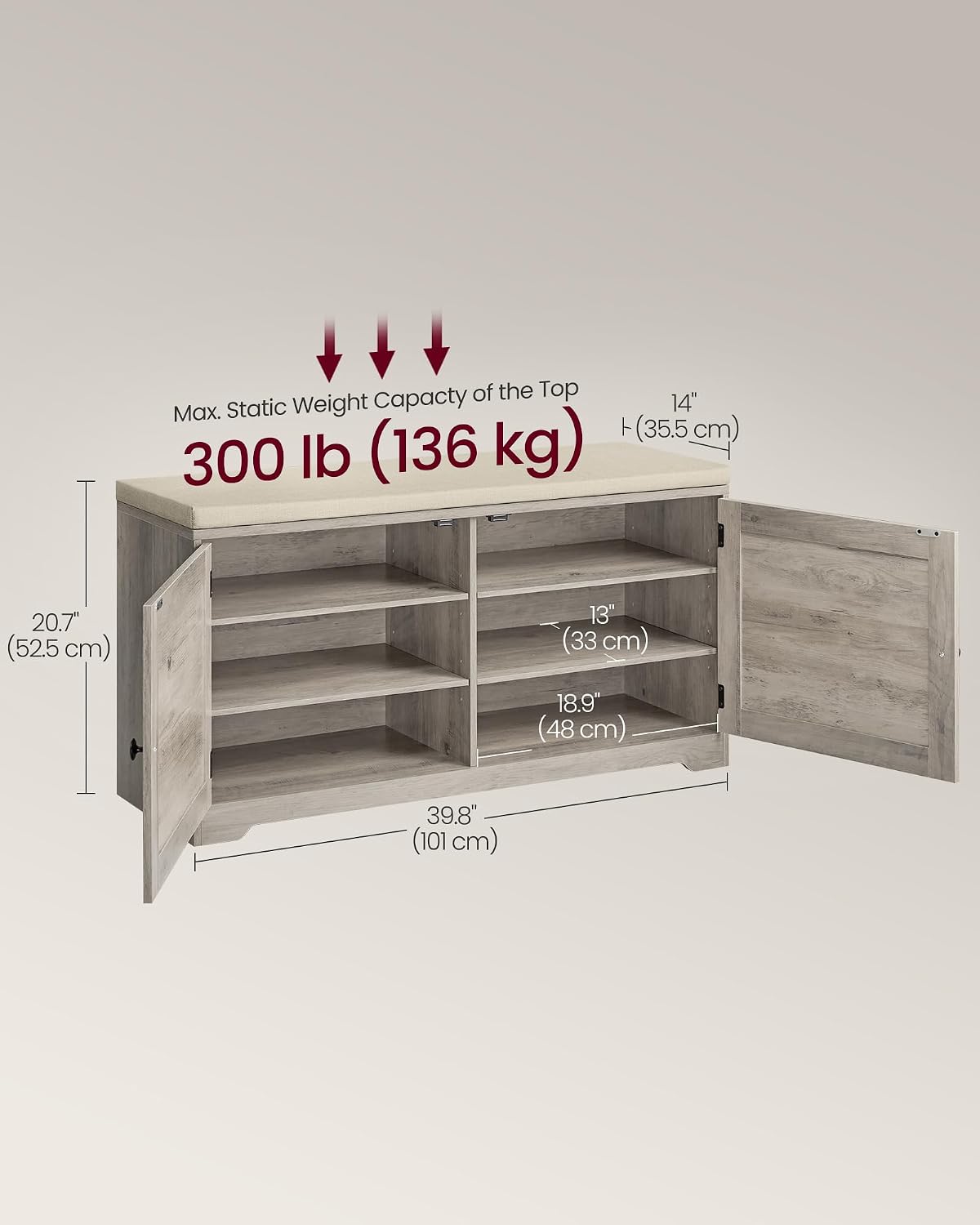 vasagle 3-tier shoe storage bench with cushion, 14 shown in use