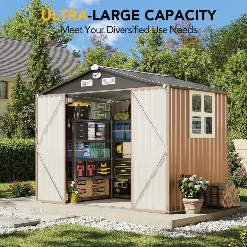 8x6FT Outdoor Storage Shed, Tool Shed with Sloping Roof and Lockable Door, Galvanized Metal Shed for Backyard Garden Patio Lawn, Brown1