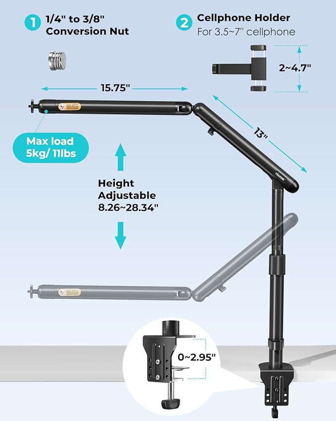 Viozon Overhead Camera Mount, Overhead Phone Stand, Flexible Aluminum Alloy