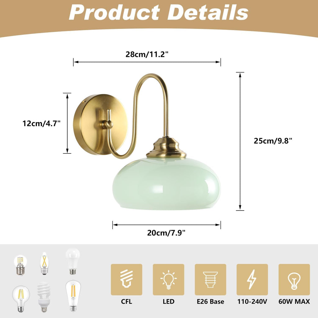 KCO Mid Century Modern Mint Green Dome Glass Wall Sconce with Curved Arm | E26 Base Hardwired, Up/Down Mounted, Vintage Bathroom Vanity Light Fixture, Brass Gold Wall Lamp for Bedroom Hallway Entryway
