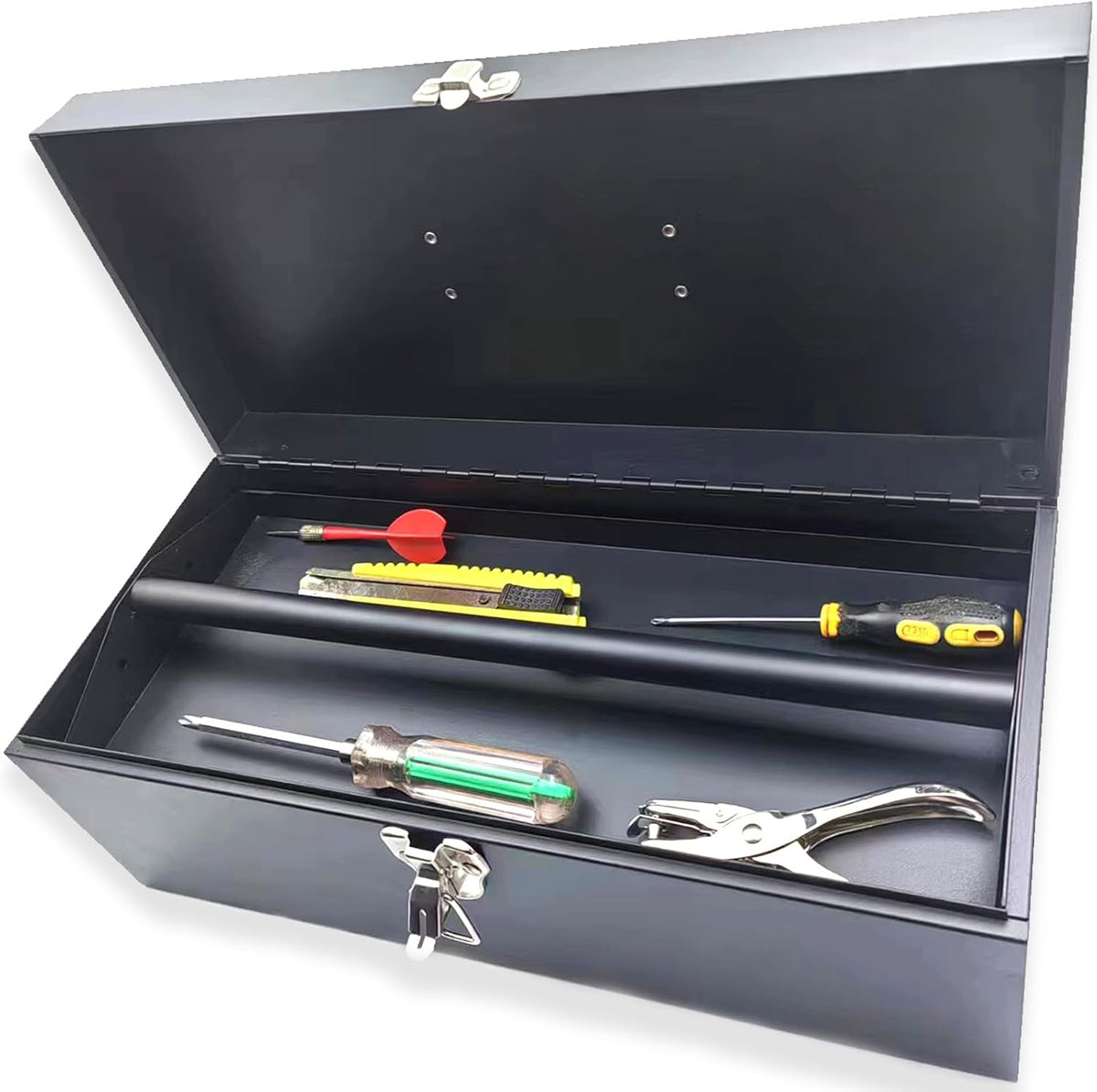16" portable metal toolbox black large tool box shown in use