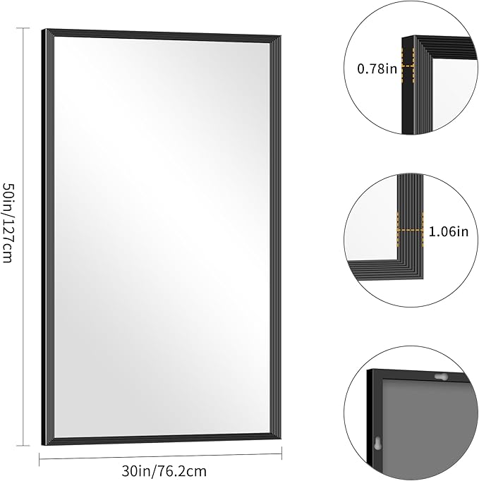 Black Bathroom Mirror 30 x 50 Inch Rectangle Wave Beveled