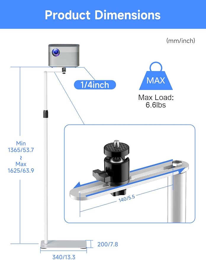 suptek 63.9” Extendable Projector Stand Against Wall Hidden Stand, 360°Swivel