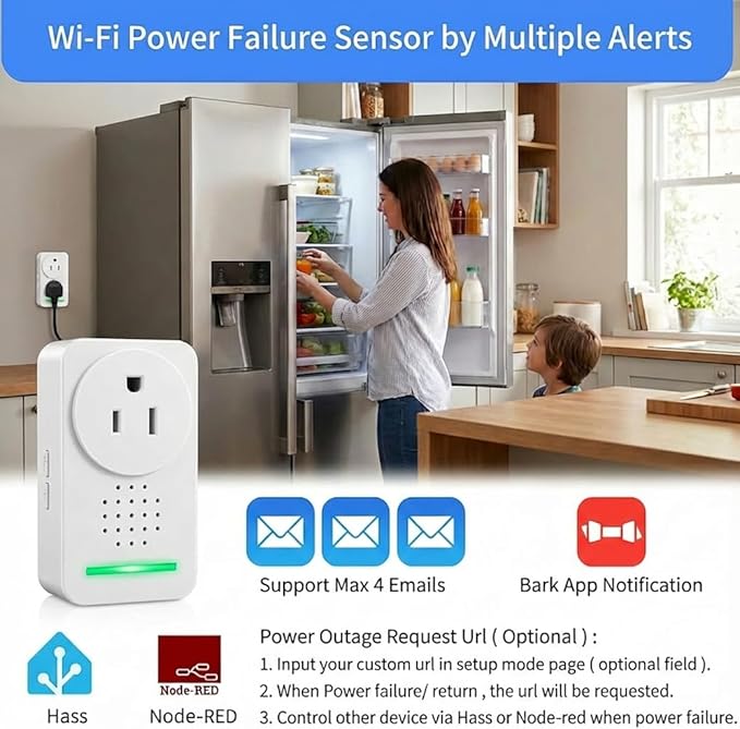 Power Failure Alarm WiFi with 4 Email Addresses, Loud 120dB Smart Power Outage