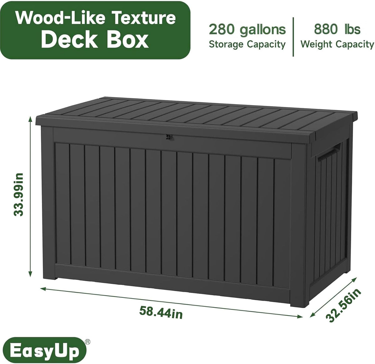 easyup 280 gal waterproof deck box outdoor storage shown in use