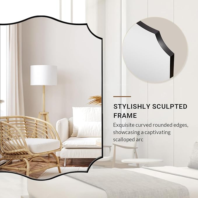 ANDY STAR Matte Black Bathroom Mirror, 24x32 Inch Scalloped Mirror