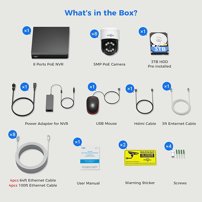 【Human Tracking+300°Pan 90°Tilt】 Hiseeu 4K PoE Security Camera System, Wired (8pcs)