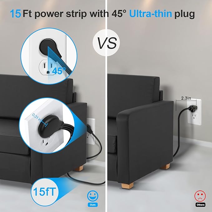 Surge Protector Power Strip 15 ft Cord, Long Power Strip (2 Pack)