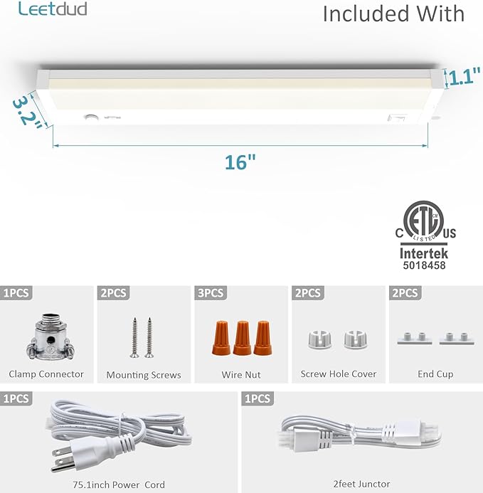 Leetdud Under Cabinet Lights Plug in or Hardwired Built-in Dimmer, 16 Inch 8W