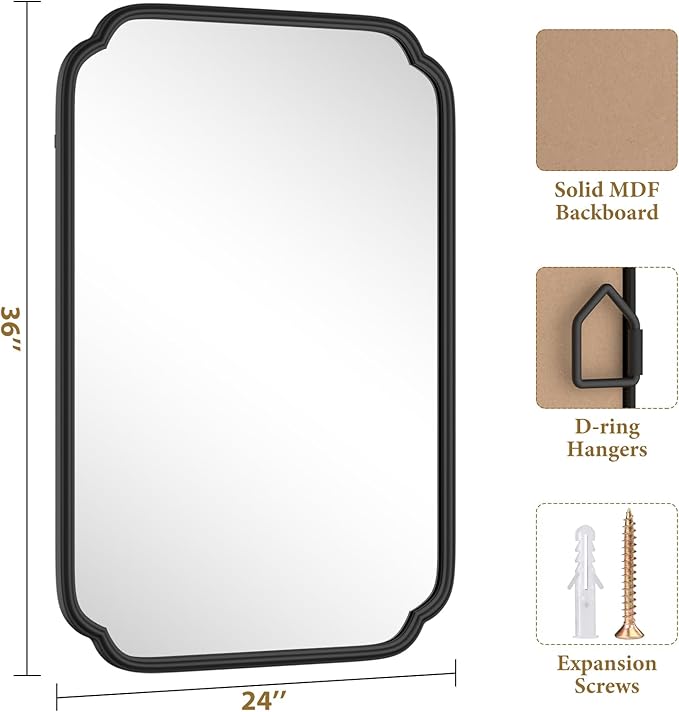 Black Bathroom Vanity Mirrors for Over Sink 24" x 36" Modern Rounded Corner