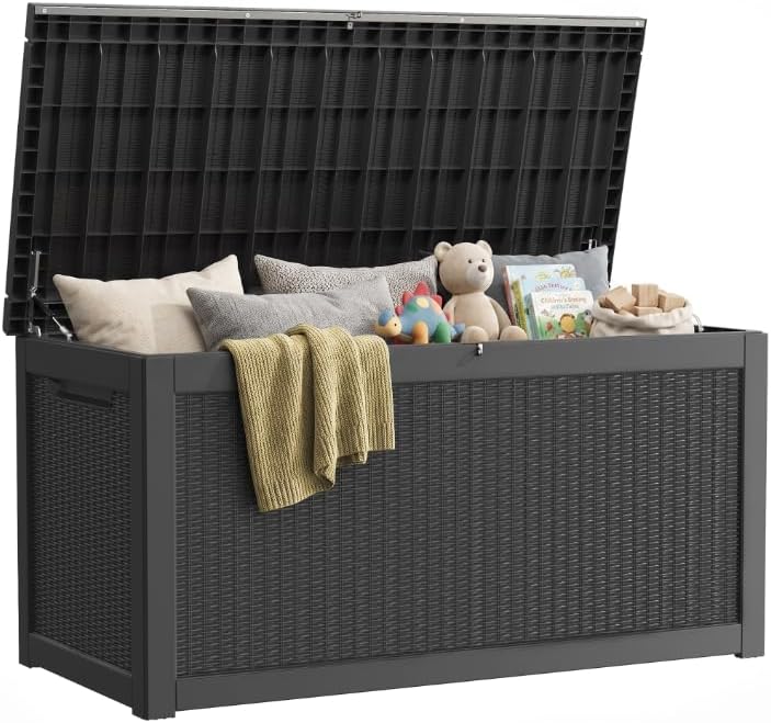 380 Gallon Outdoor Deck Box, Lockable Waterproof Outdoor Storage Boxes For Garden Tools,Indoor Cushions,Accessories Outside Storage Resin Weatherproof Container, Black