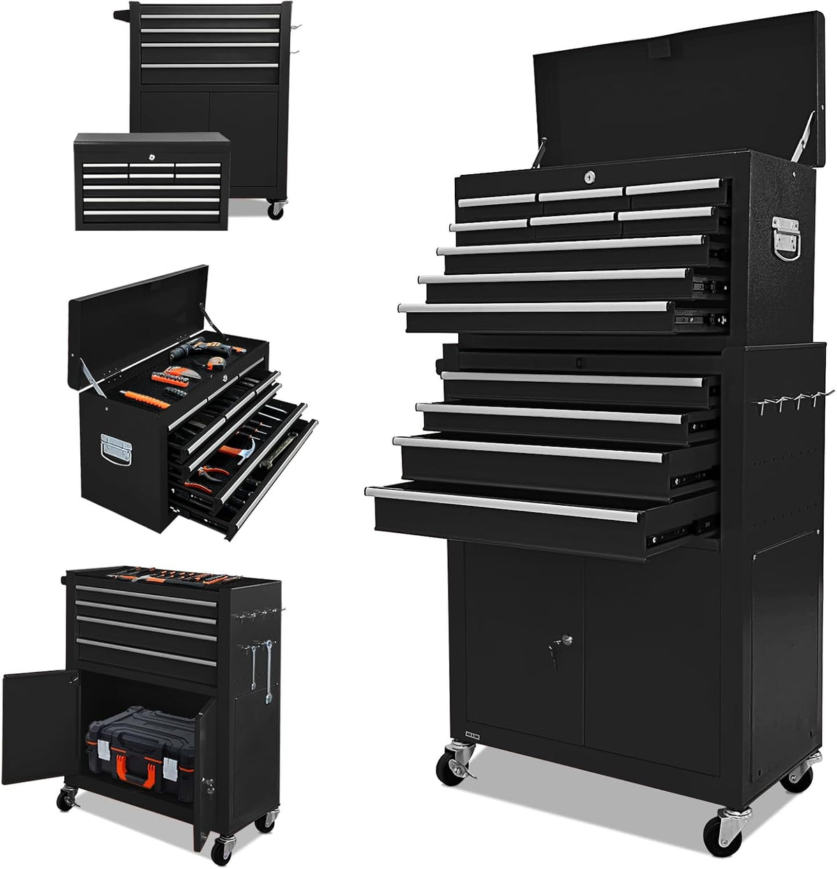 13-Drawer Tool Chest with Double Door and Wheels, 2 in 1 Detachable Rolling Toolbox with Drawers,Large Tool Box with Lock,Mobile Steel Tool Cabinet Storage (Black)